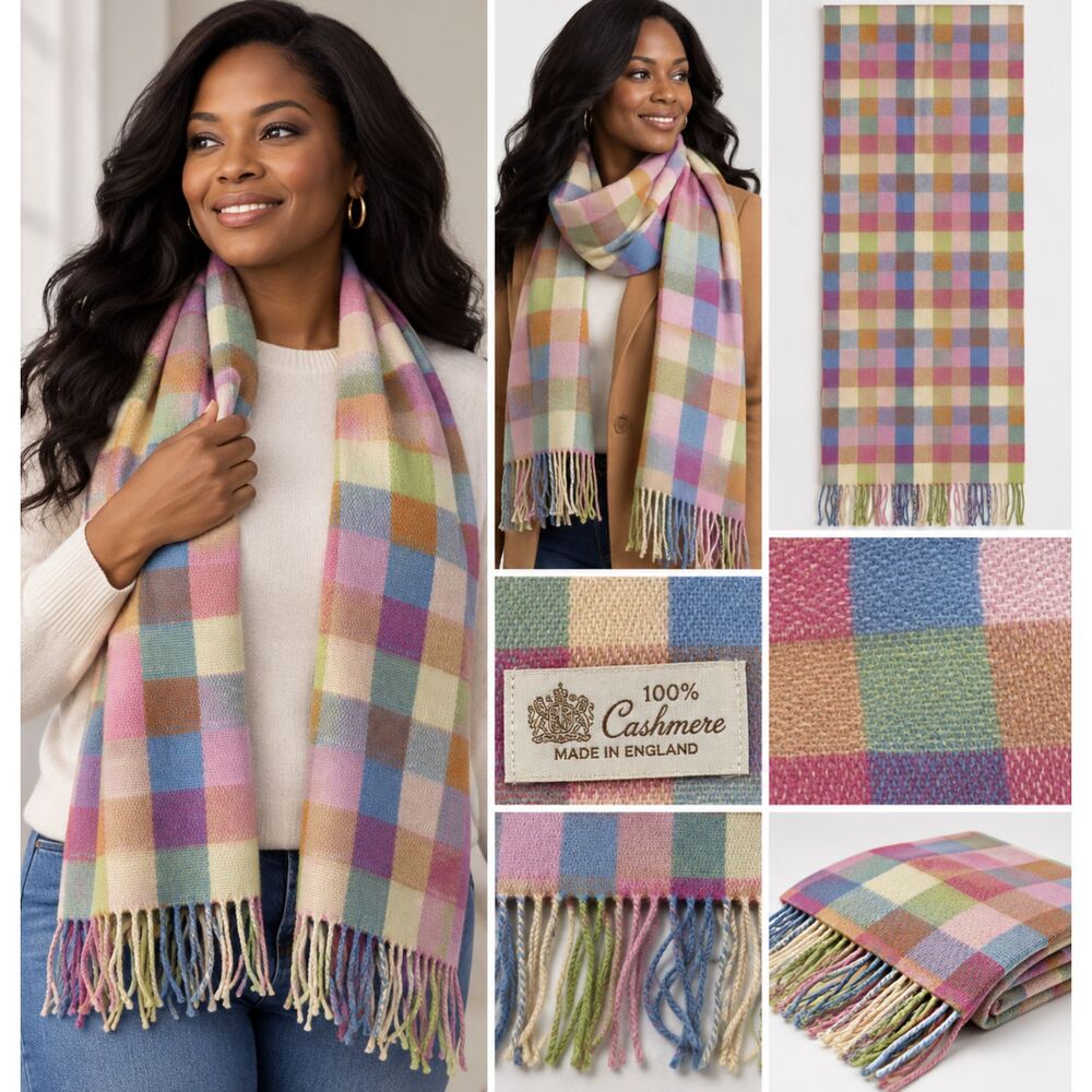 100% Cashmere Scarf Made in England 64" Pastel Multicolor Check Plaid Fringe